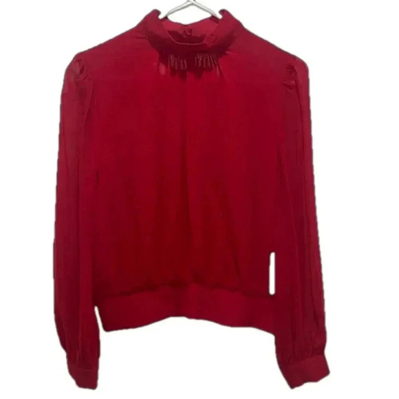 New 1. State top red long sleeved blouse button mock neck open back sheer bodice - Picture 1 of 16